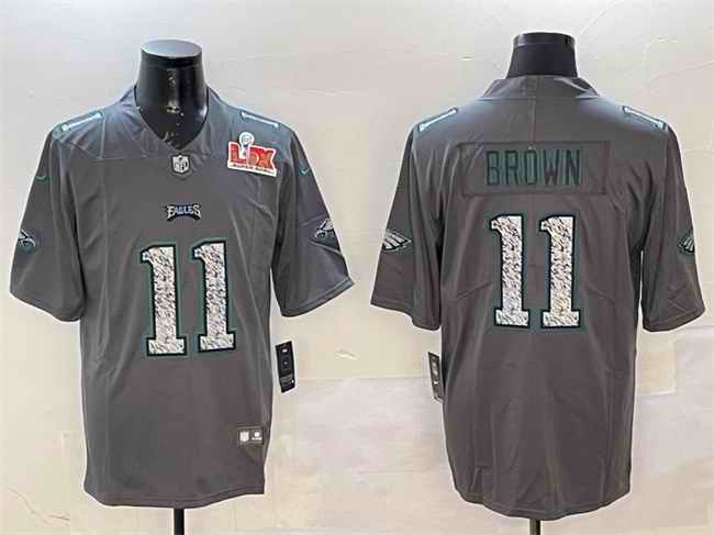Men's Philadelphia Eagles #11 A.J. Brown Gray 2025 Super Bowl LIX Patch Fashion Vapor Untouchable Limited Stitched Football Jersey